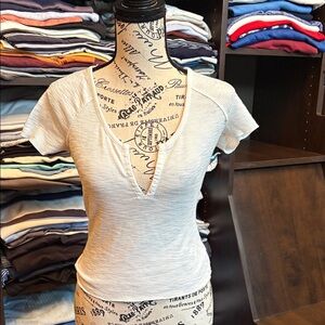 Freshman Cream Ribbed Short Sleeve V-Neck Top